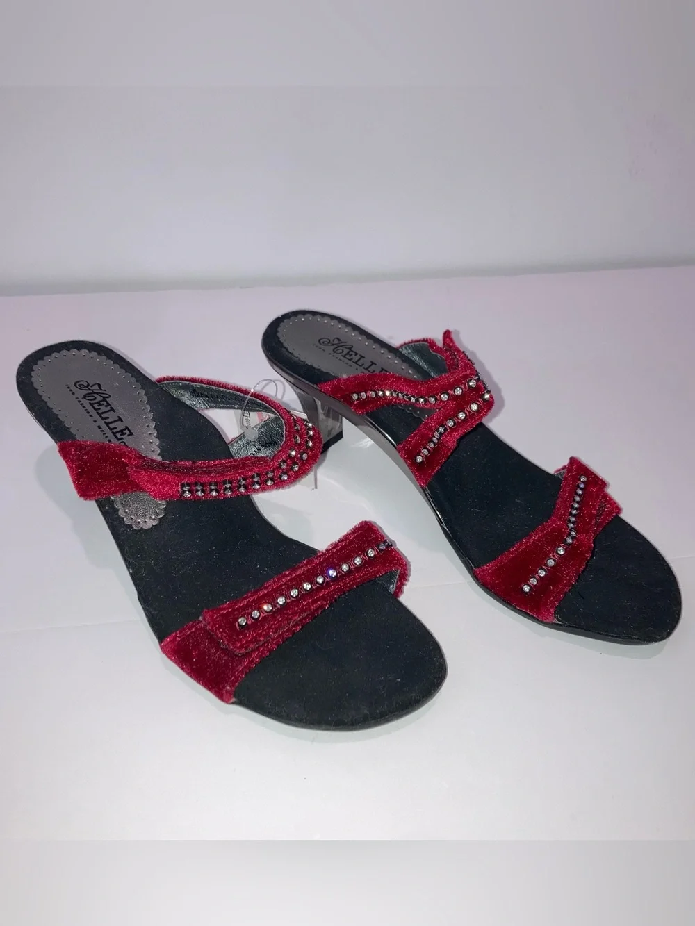 Helle Comfort Red Velvet Rhinestone Strappy Heels EU 38 US 7.5 Vintage Y2K